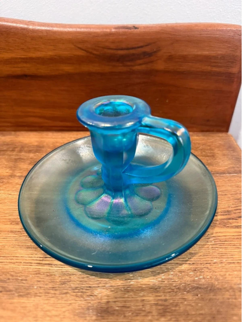 Vintage Blue Iridescent Stretch Glass Chamberstick Candle Holder, Finger Loop